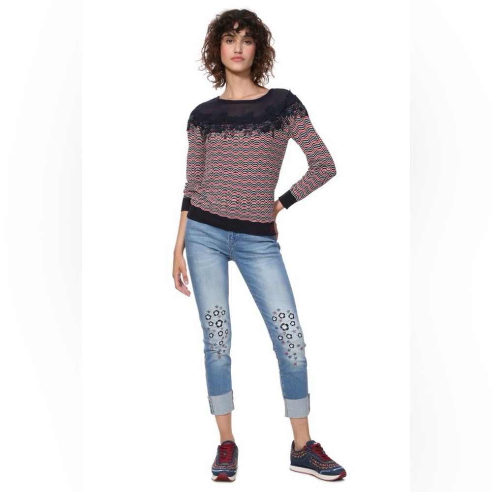 Desigual Jers Laura Sweater S Mesh Lace Appliqué Detail Navy & Red Wavy Stripes